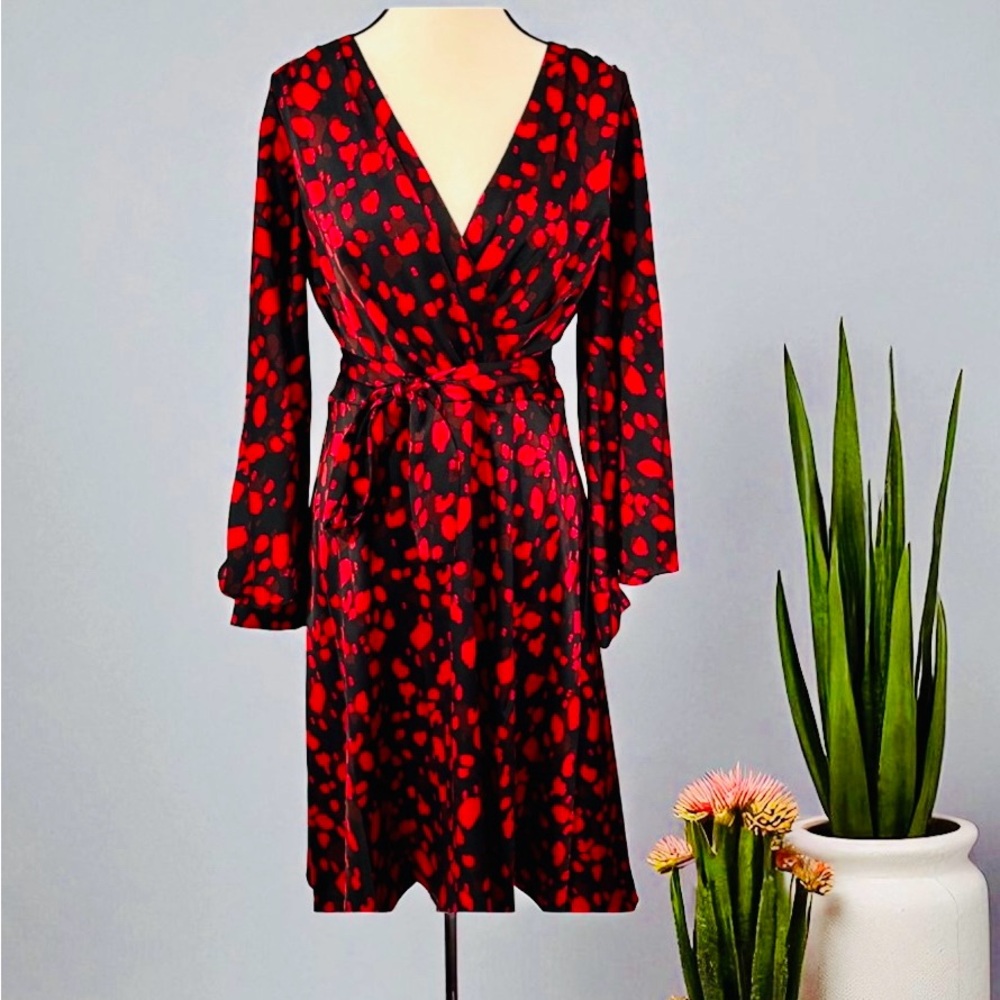 DKNY Red and Black Bell Sleeve Wrap Dress